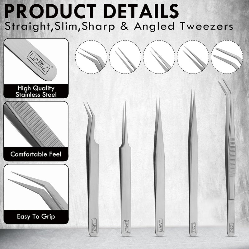 HADIZ 5 PCS Precision Tweezers set Upgraded Anti-Static Stainless Steel Heat Resistant, Curved, Jewelry, Electronics, Craft, Soldering, Experimental Work (5) - Image 3